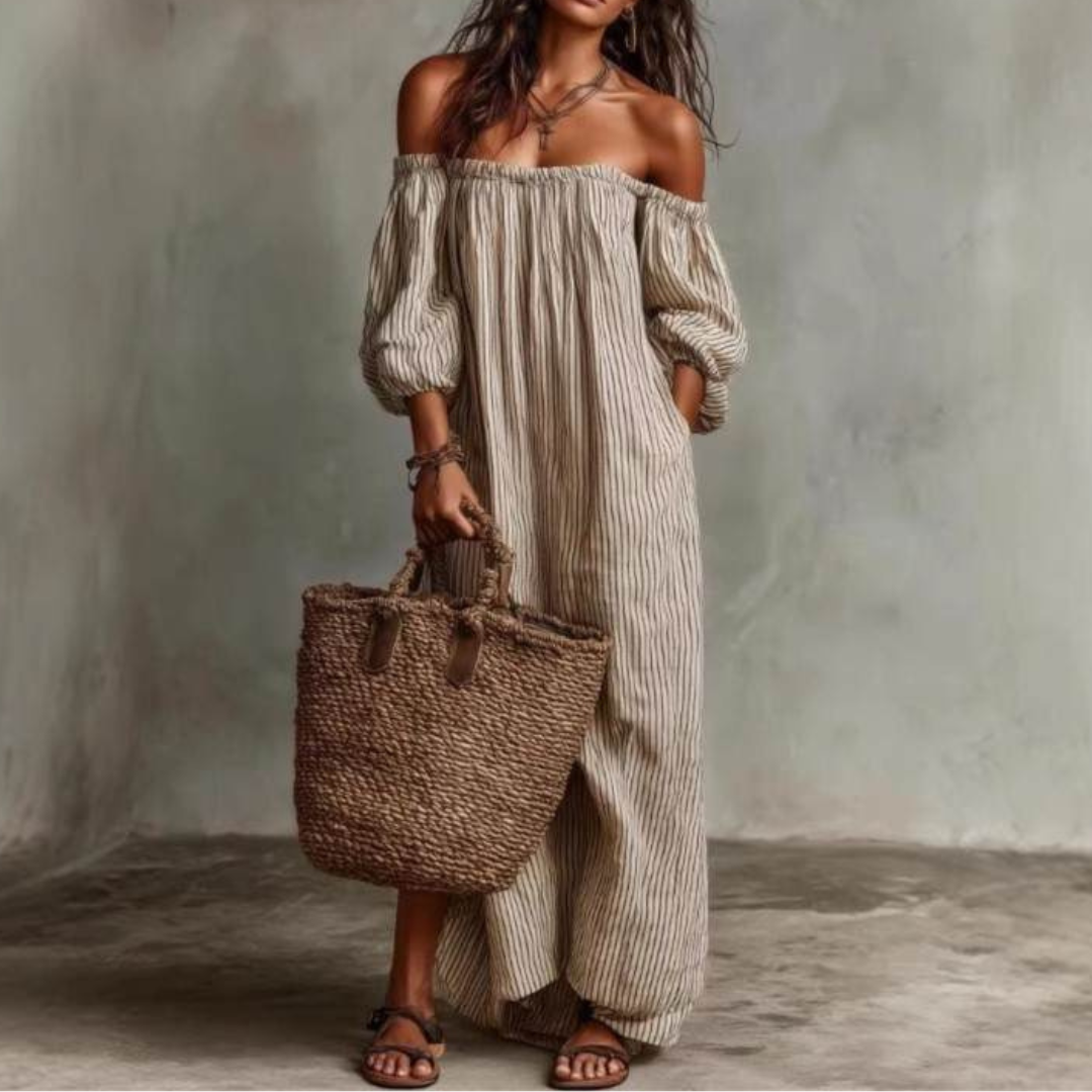 Women's Maxi Dress | Off-Shoulder Striped & Relaxed Fit
