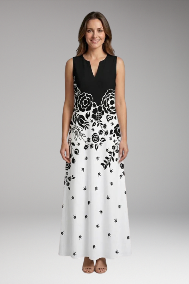 Women's Maxi Dress | Peacock Print V-Neck Sleeveless with Pockets