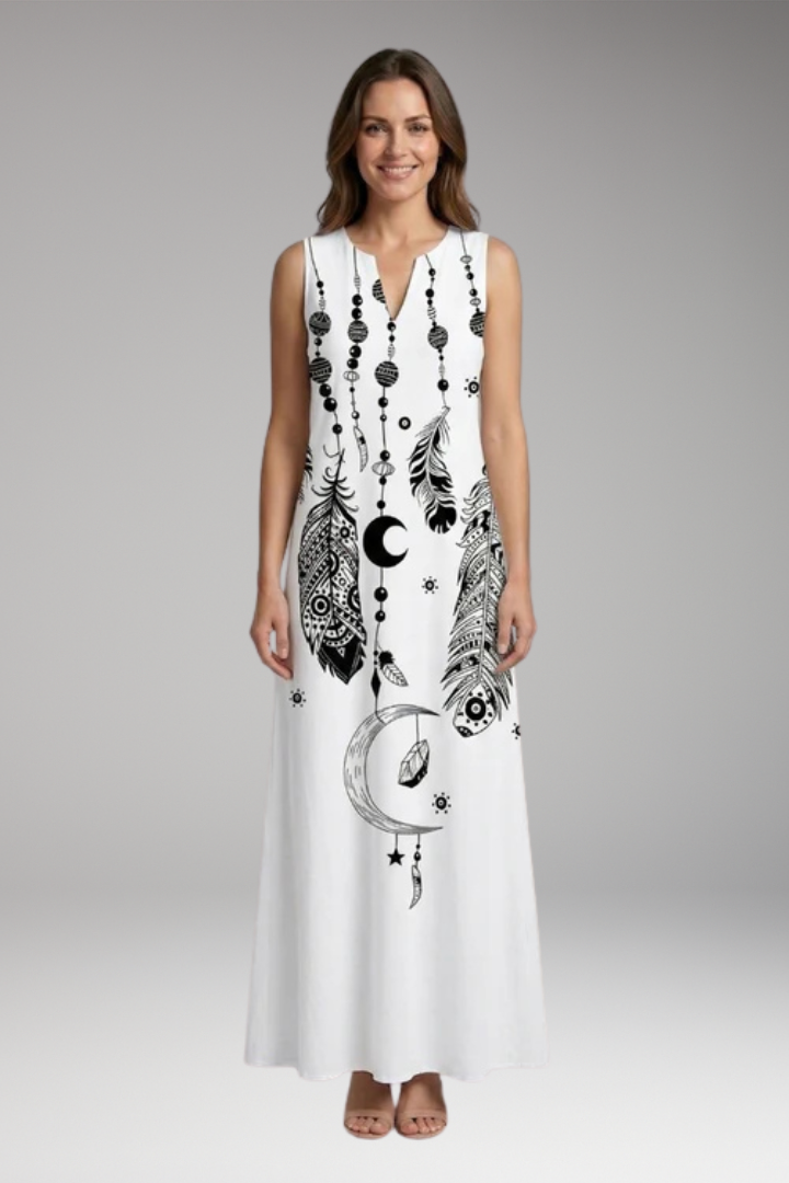 Women's Maxi Dress | Peacock Print V-Neck Sleeveless with Pockets
