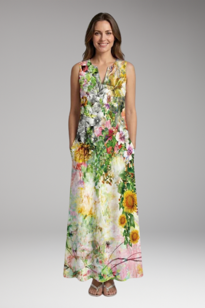 Women's Maxi Dress | Peacock Print V-Neck Sleeveless with Pockets