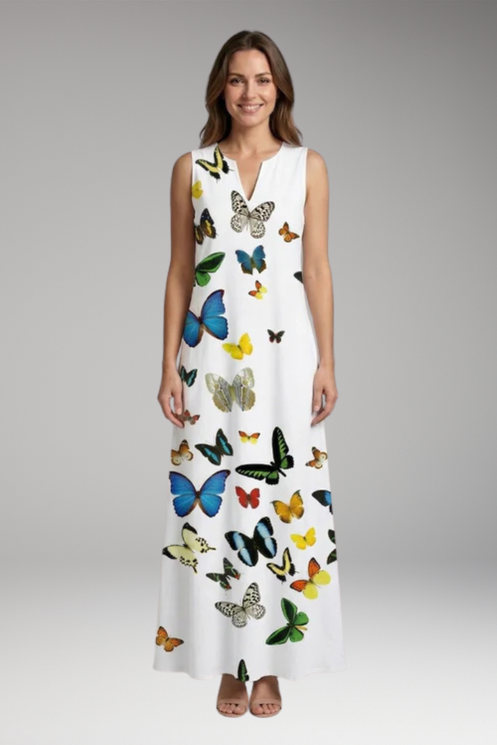 Women's Maxi Dress | Peacock Print V-Neck Sleeveless with Pockets
