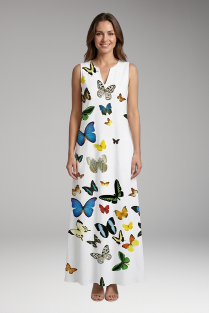 Women's Maxi Dress | Peacock Print V-Neck Sleeveless with Pockets
