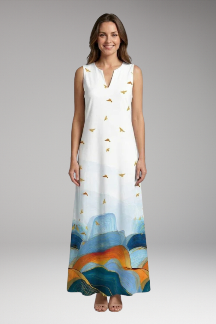 Women's Maxi Dress | Peacock Print V-Neck Sleeveless with Pockets