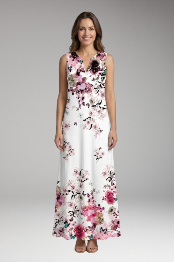 Women's Maxi Dress | Peacock Print V-Neck Sleeveless with Pockets