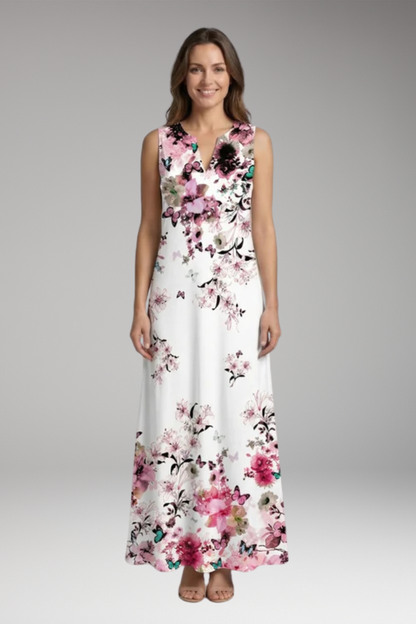 Women's Maxi Dress | Peacock Print V-Neck Sleeveless with Pockets