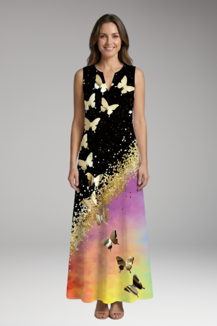 Women's Maxi Dress | Peacock Print V-Neck Sleeveless with Pockets