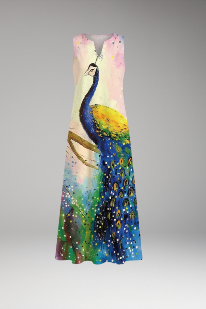 Women's Maxi Dress | Peacock Print V-Neck Sleeveless with Pockets