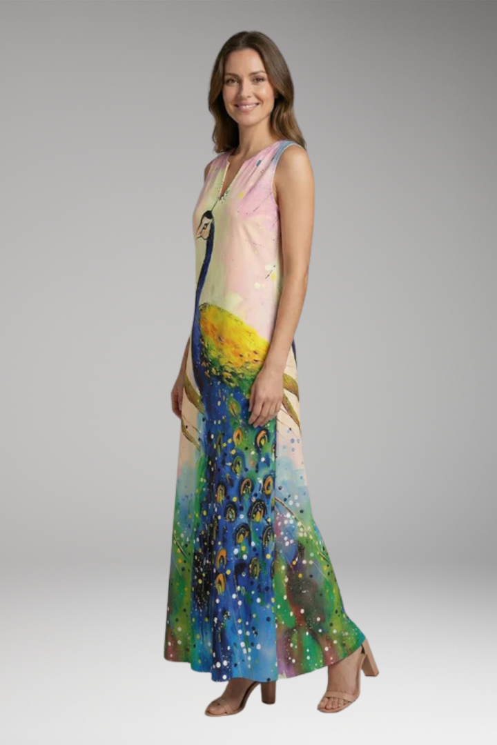 Women's Maxi Dress | Peacock Print V-Neck Sleeveless with Pockets