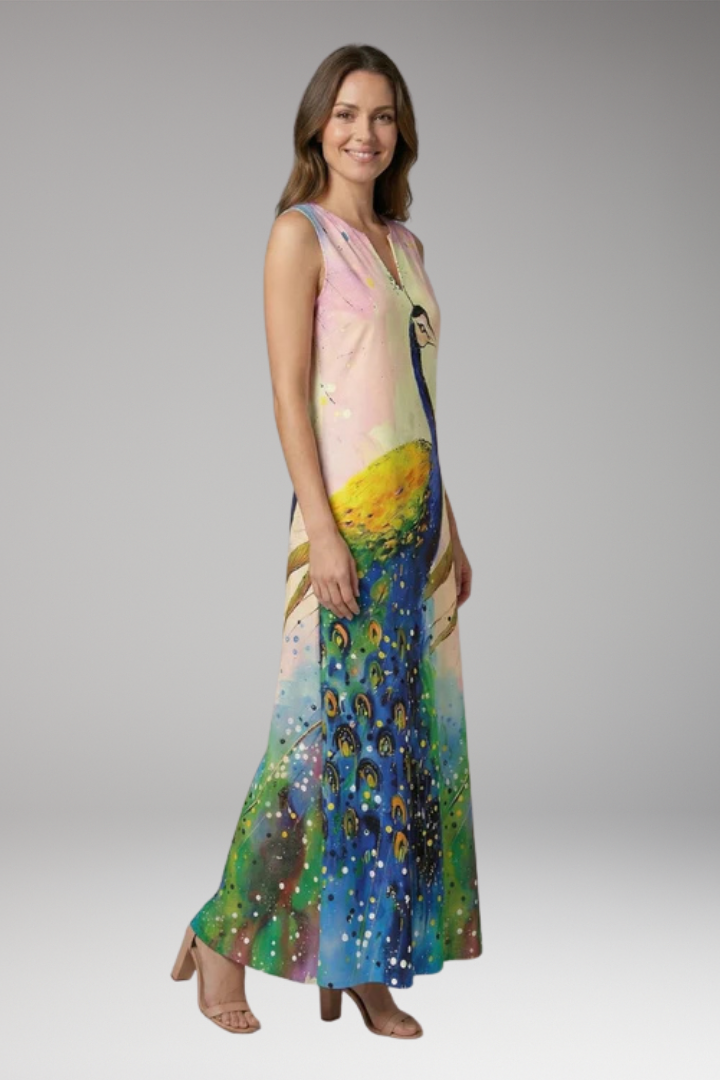 Women's Maxi Dress | Peacock Print V-Neck Sleeveless with Pockets