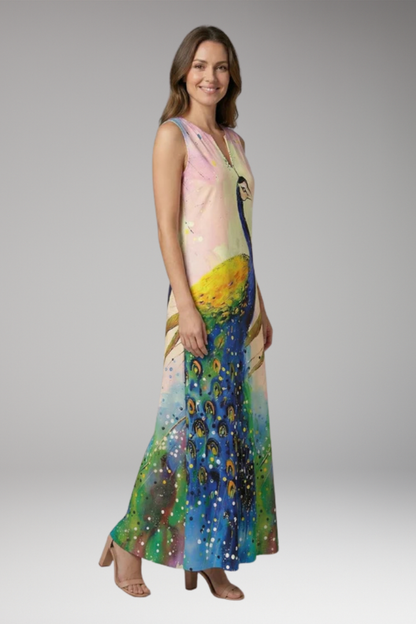 Women's Maxi Dress | Peacock Print V-Neck Sleeveless with Pockets