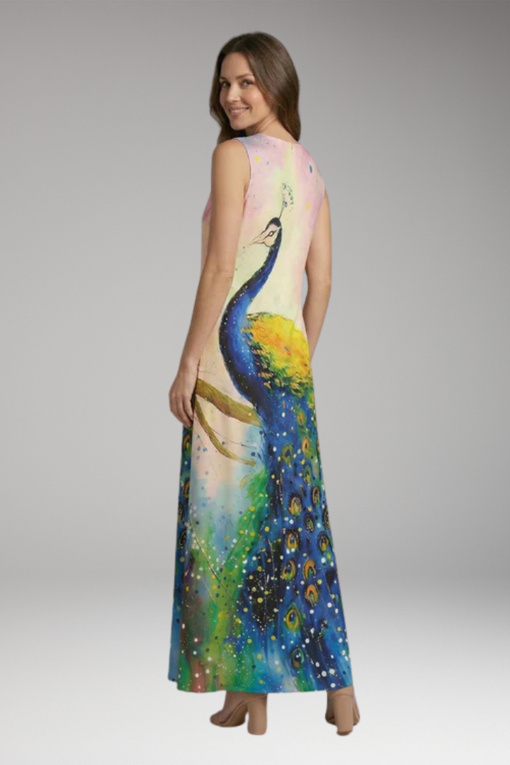 Women's Maxi Dress | Peacock Print V-Neck Sleeveless with Pockets