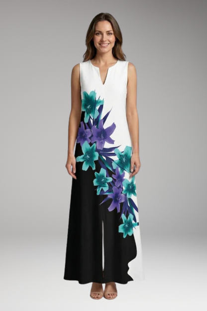 Women's Maxi Dress | Peacock Print V-Neck Sleeveless with Pockets