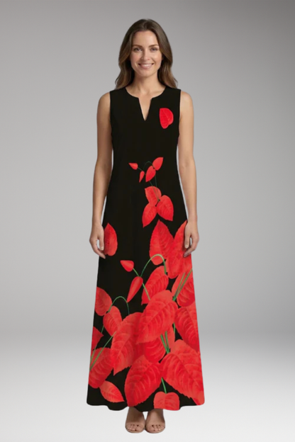 Women's Maxi Dress | Peacock Print V-Neck Sleeveless with Pockets