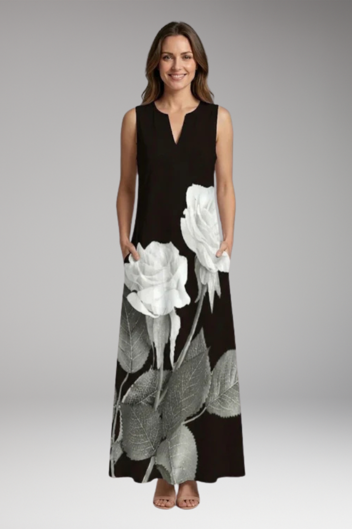 Women's Maxi Dress | Peacock Print V-Neck Sleeveless with Pockets