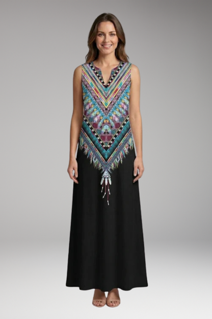 Women's Maxi Dress | Peacock Print V-Neck Sleeveless with Pockets