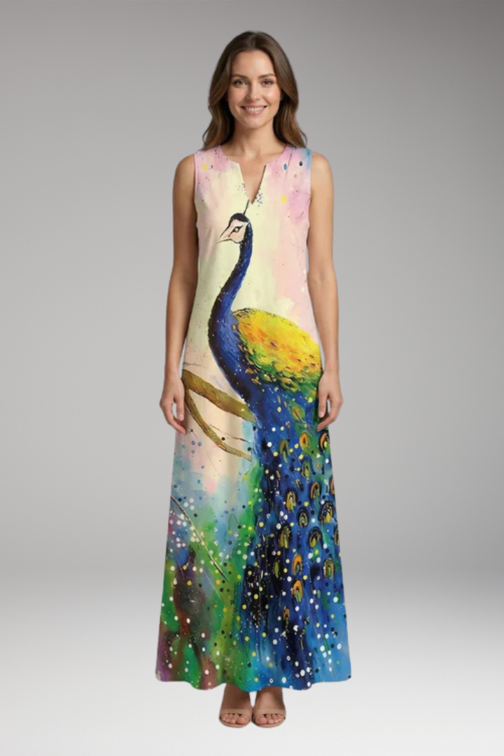 Women's Maxi Dress | Peacock Print V-Neck Sleeveless with Pockets