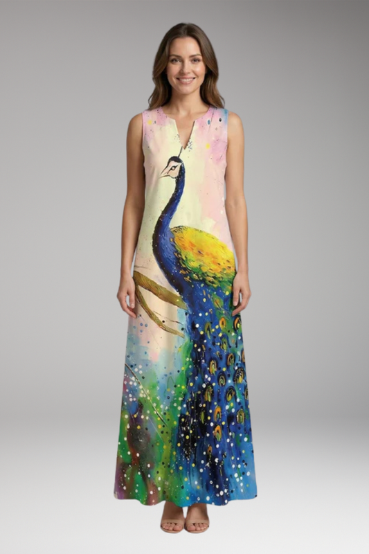 Women's Maxi Dress | Peacock Print V-Neck Sleeveless with Pockets