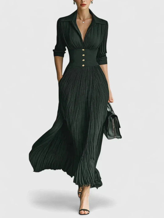 Women's Maxi Dress | Pleated Collar Button Waist