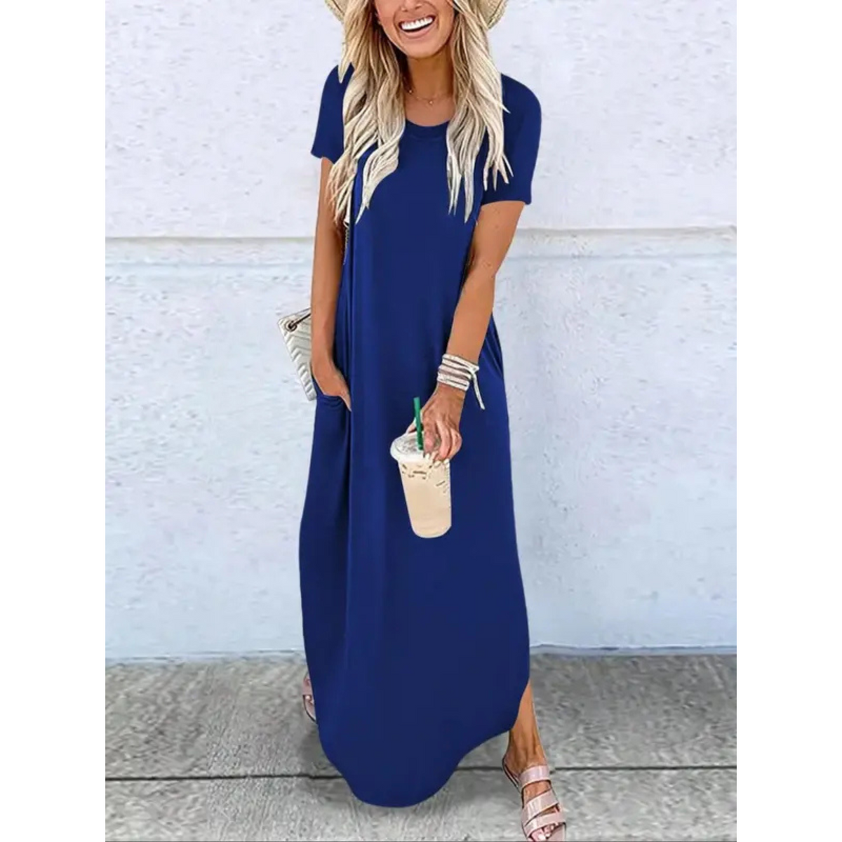 Women's Maxi Dress | Relaxed Jersey T-Shirt Style with Side Pockets and Split Hems
