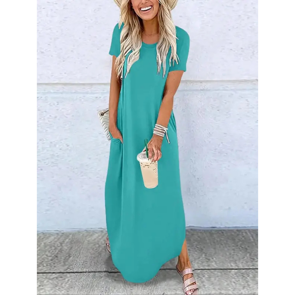 Women's Maxi Dress | Relaxed Jersey T-Shirt Style with Side Pockets and Split Hems