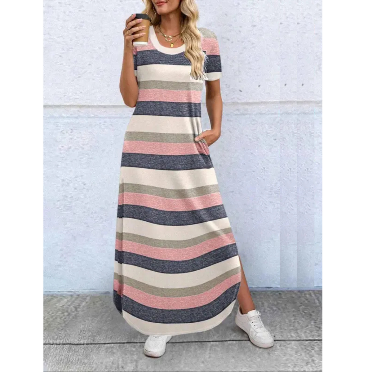 Women's Maxi Dress | Relaxed Jersey T-Shirt Style with Side Pockets and Split Hems