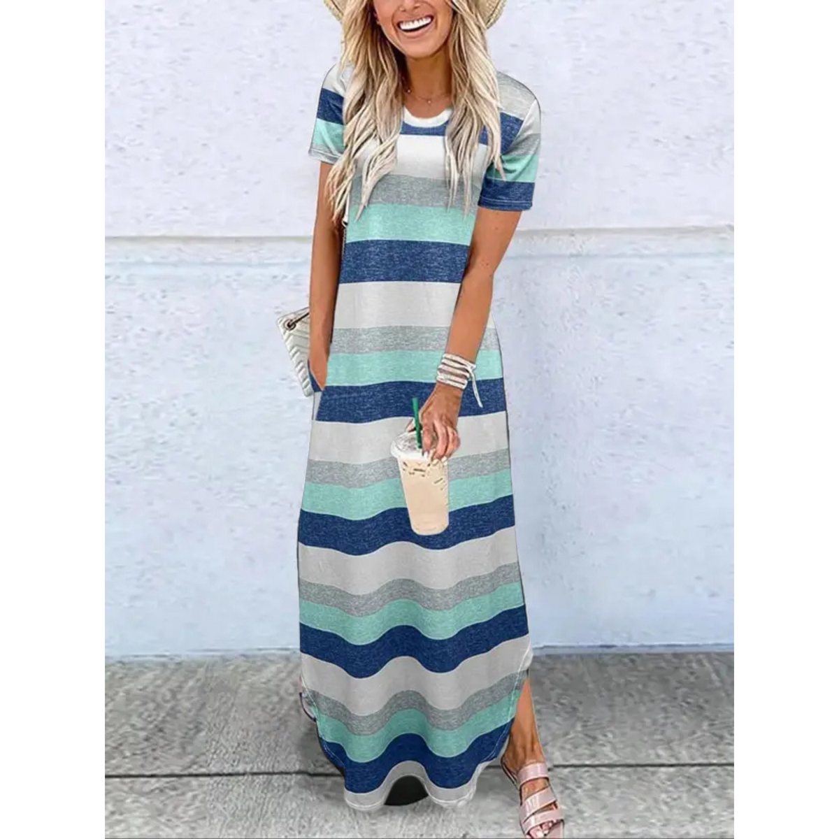Women's Maxi Dress | Relaxed Jersey T-Shirt Style with Side Pockets and Split Hems