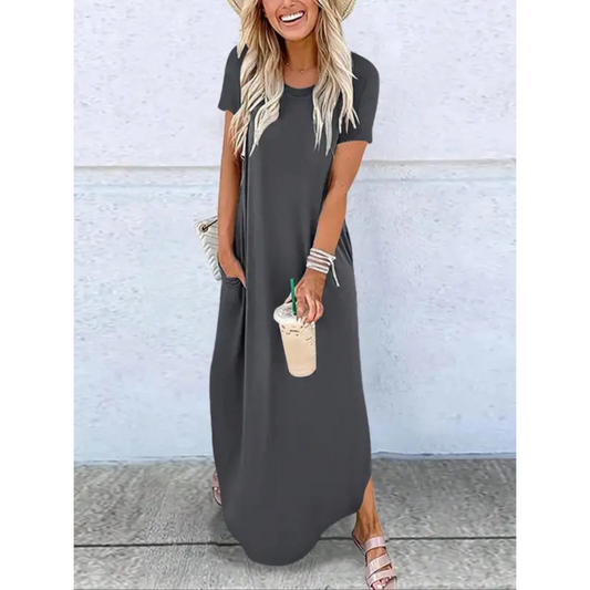 Women's Maxi Dress | Relaxed Jersey T-Shirt Style with Side Pockets and Split Hems