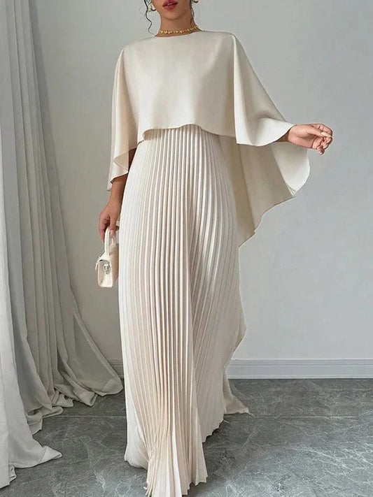 Women's Maxi Dress | Satin Cape Overlay Pleated Column Dress