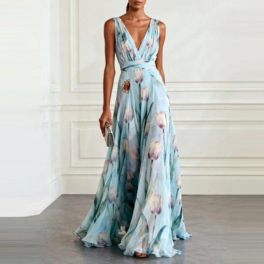 Women's Maxi Dress | Tulip Print Deep V-Neck Flowing Design