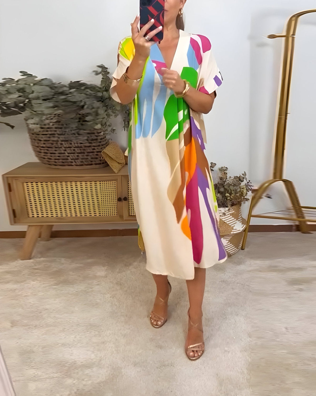 Women's Midi Dress | Bold Abstract Print with Collared V-Neckline and Batwing Sleeves