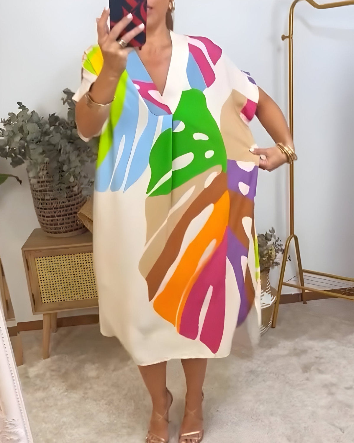 Women's Midi Dress | Bold Abstract Print with Collared V-Neckline and Batwing Sleeves