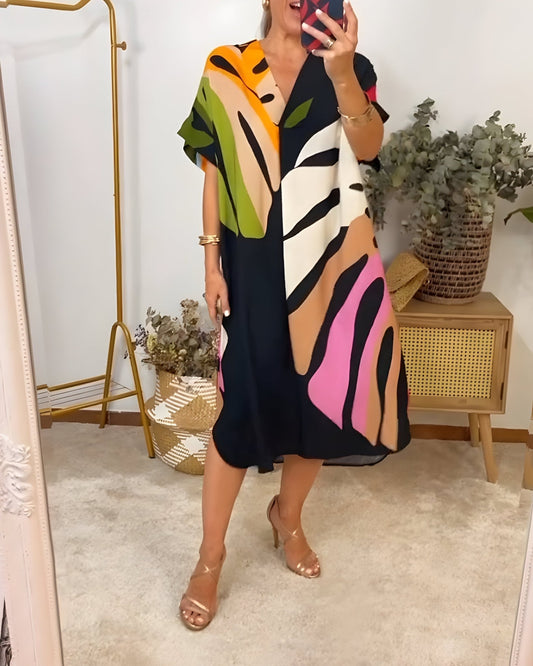 Women's Midi Dress | Bold Abstract Print with Collared V-Neckline and Batwing Sleeves
