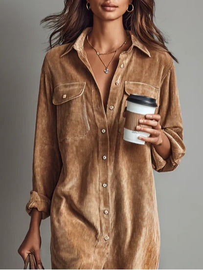 Women's Midi Dress | Button-Up Shirt Dress & Double Chest Pockets