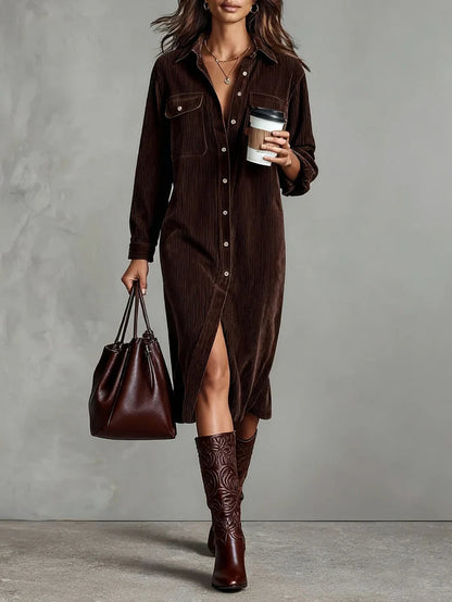 Women's Midi Dress | Button-Up Shirt Dress & Double Chest Pockets