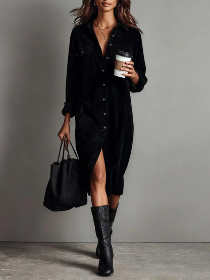 Women's Midi Dress | Button-Up Shirt Dress & Double Chest Pockets