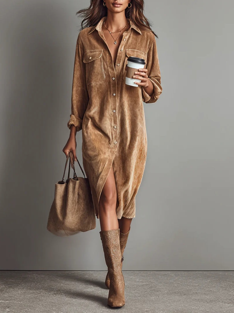 Women's Midi Dress | Button-Up Shirt Dress & Double Chest Pockets