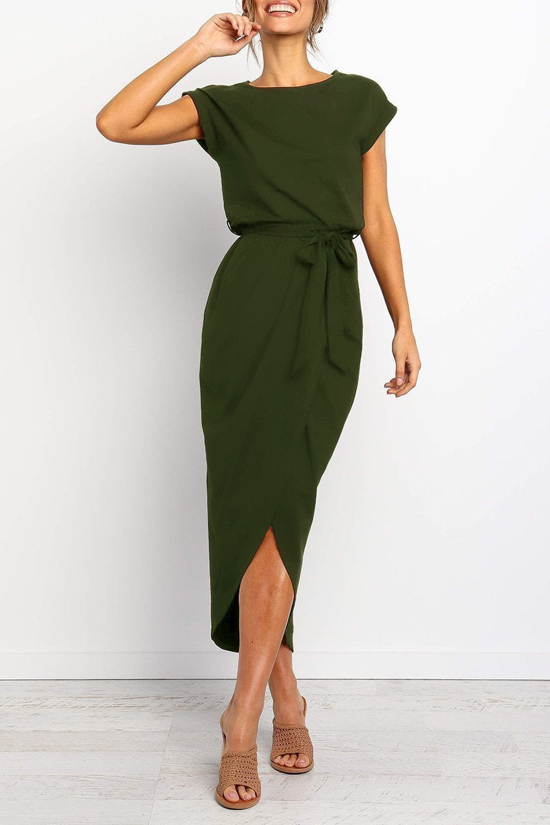 Women's Midi Dress | Cap Sleeve Tie Waist Wrap Skirt Dress