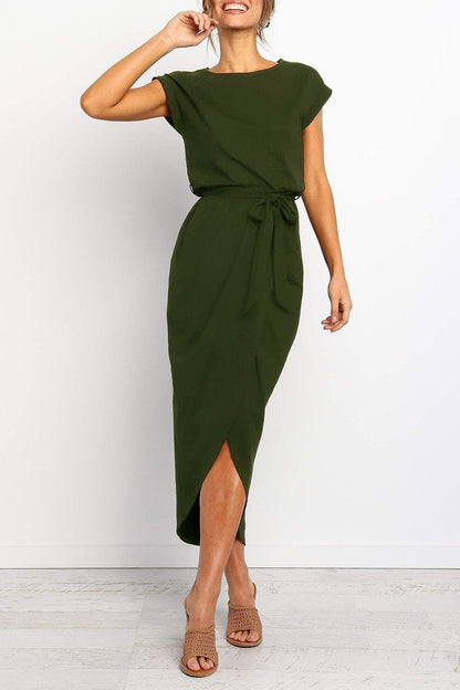 Women's Midi Dress | Cap Sleeve Tie Waist Wrap Skirt Dress