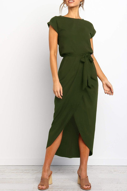 Women's Midi Dress | Cap Sleeve Tie Waist Wrap Skirt Dress