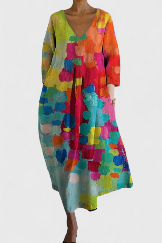 Women's Midi Dress | Colorful Abstract Print V-Neck