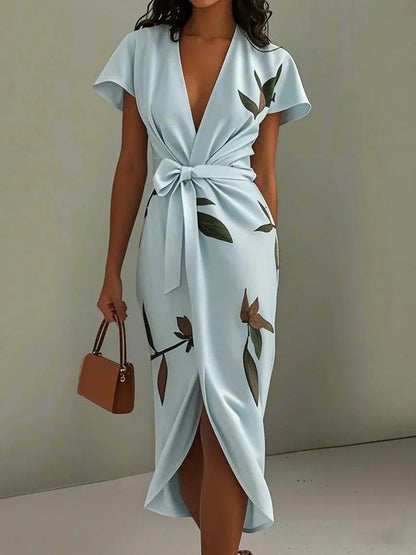 Women's Midi Dress | Deep V-Neck Wrap & Leaf Print Bow Tie Waist