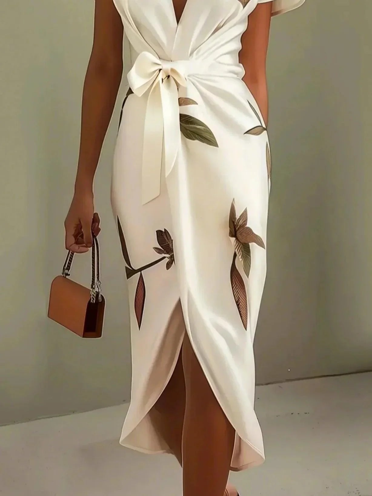 Women's Midi Dress | Deep V-Neck Wrap & Leaf Print Bow Tie Waist