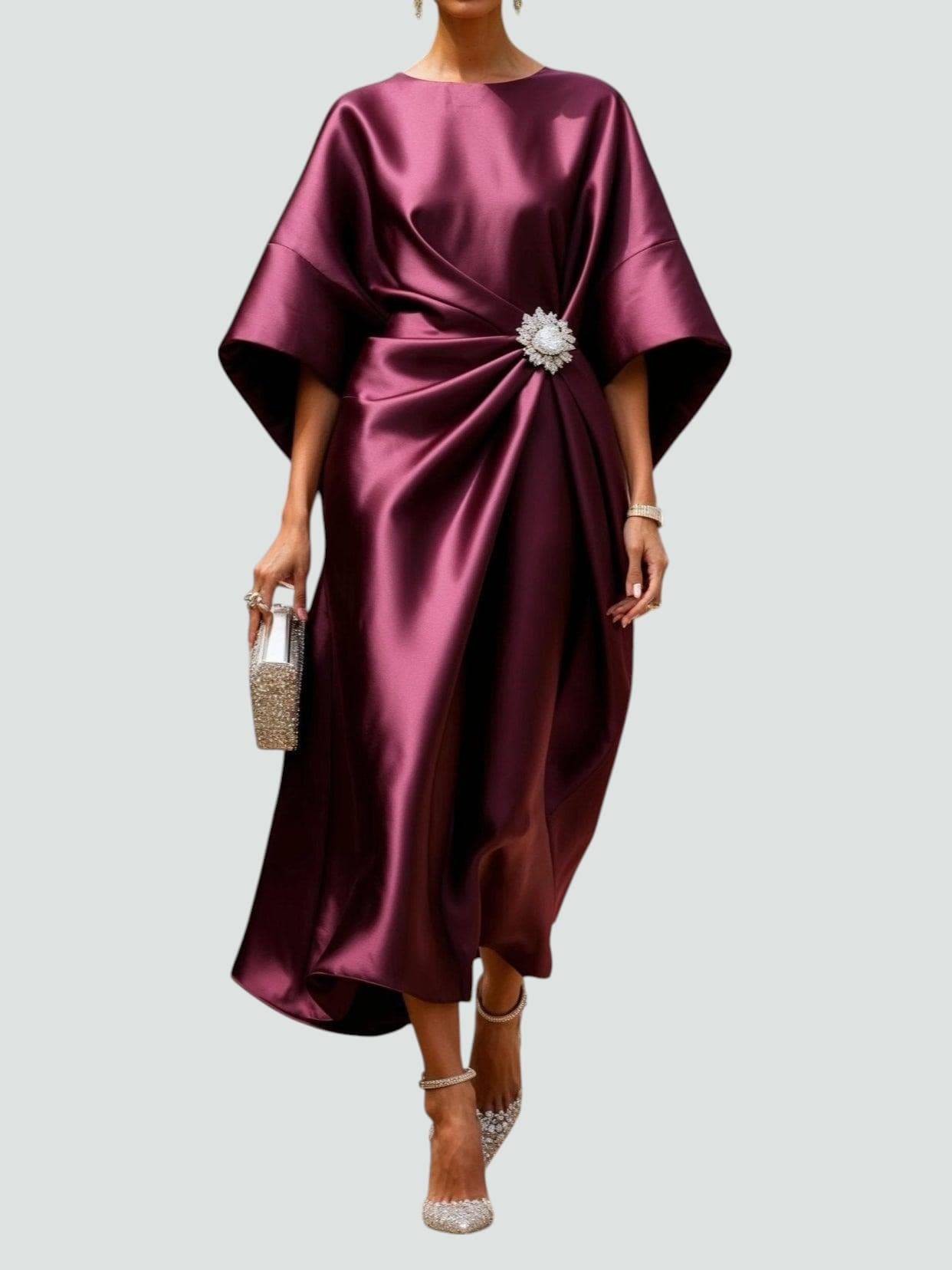 Women's Midi Dress | Draped Kimono Sleeves & Jewelled Brooch Waist