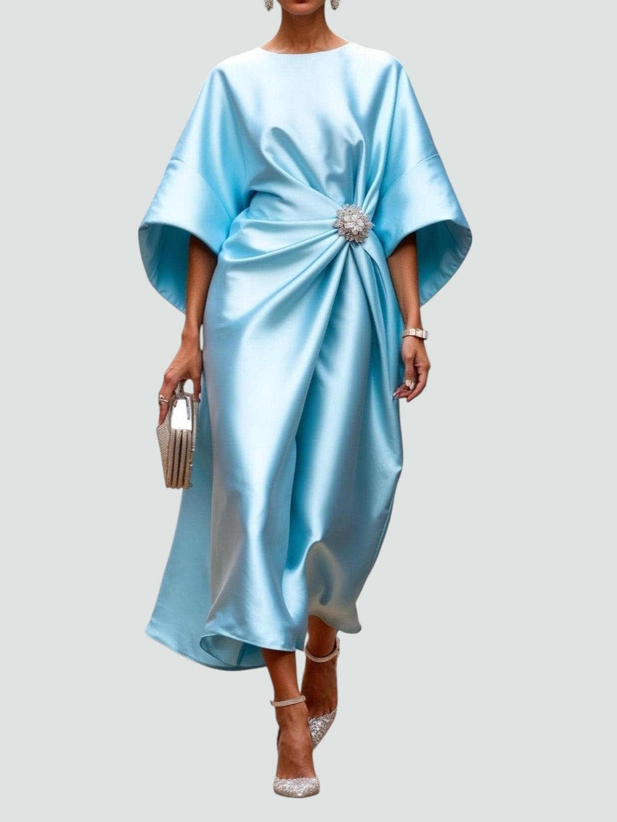 Women's Midi Dress | Draped Kimono Sleeves & Jewelled Brooch Waist