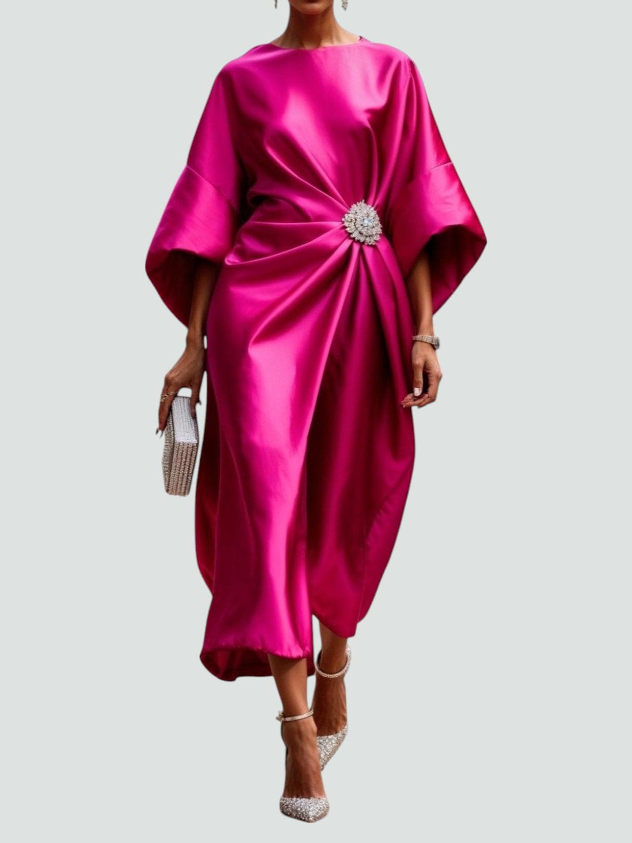 Women's Midi Dress | Draped Kimono Sleeves & Jewelled Brooch Waist