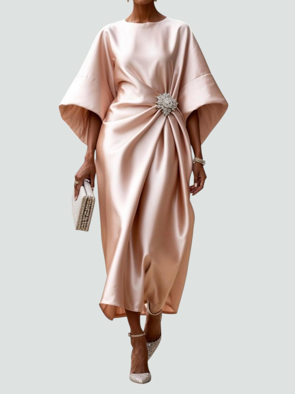 Women's Midi Dress | Draped Kimono Sleeves & Jewelled Brooch Waist