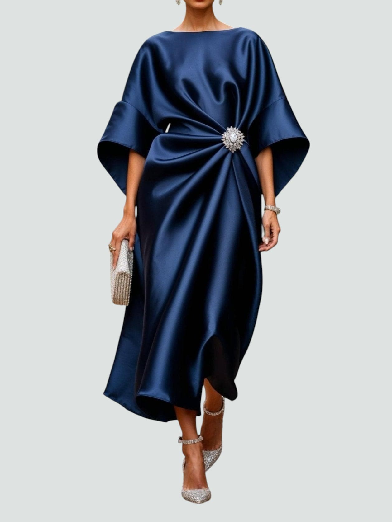 Women's Midi Dress | Draped Kimono Sleeves & Jewelled Brooch Waist