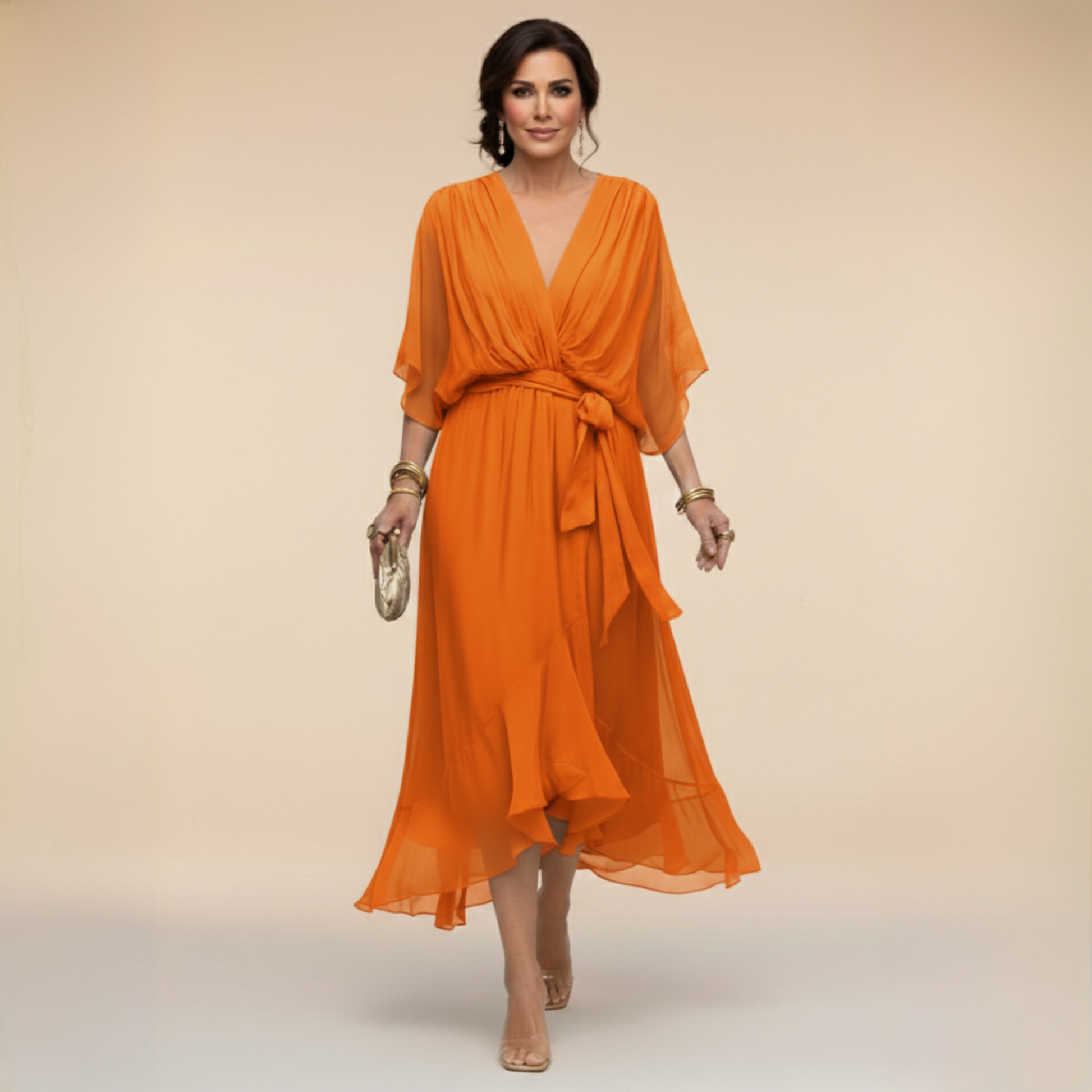 Women's Midi Dress | Elegant V-Neck Wrap & Flowing Occasion