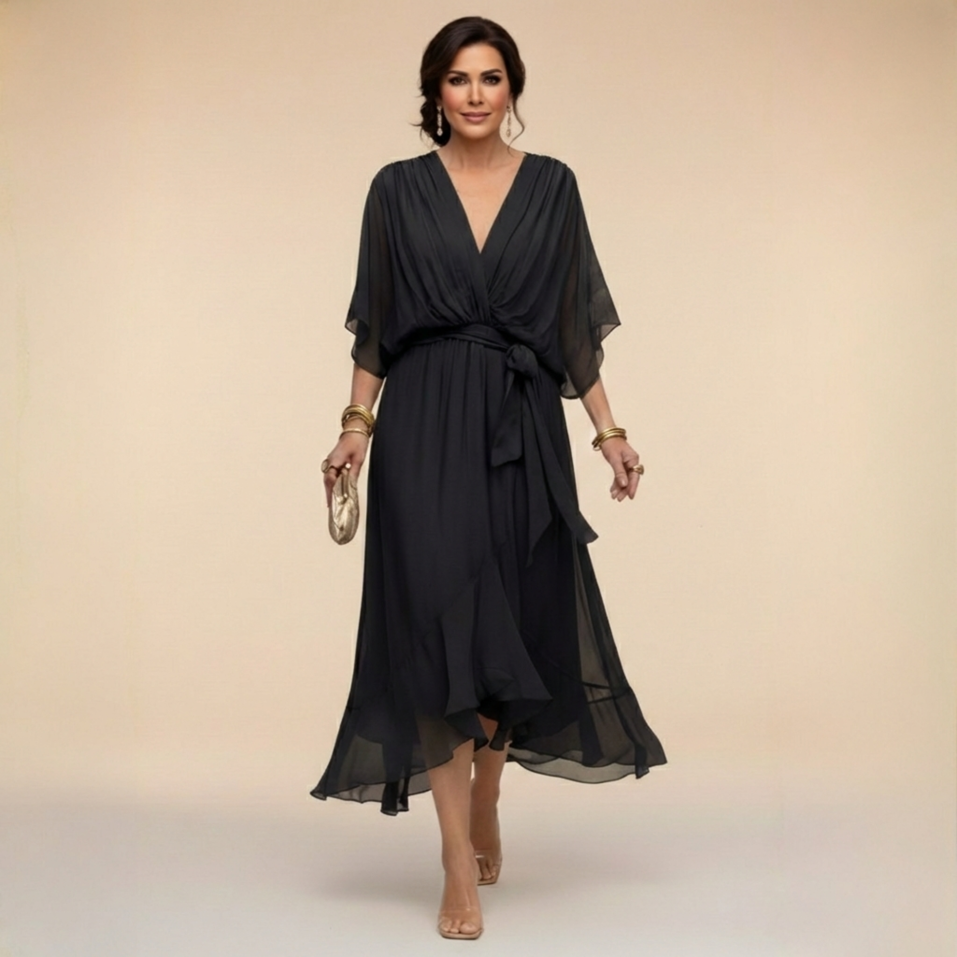 Women's Midi Dress | Elegant V-Neck Wrap & Flowing Occasion