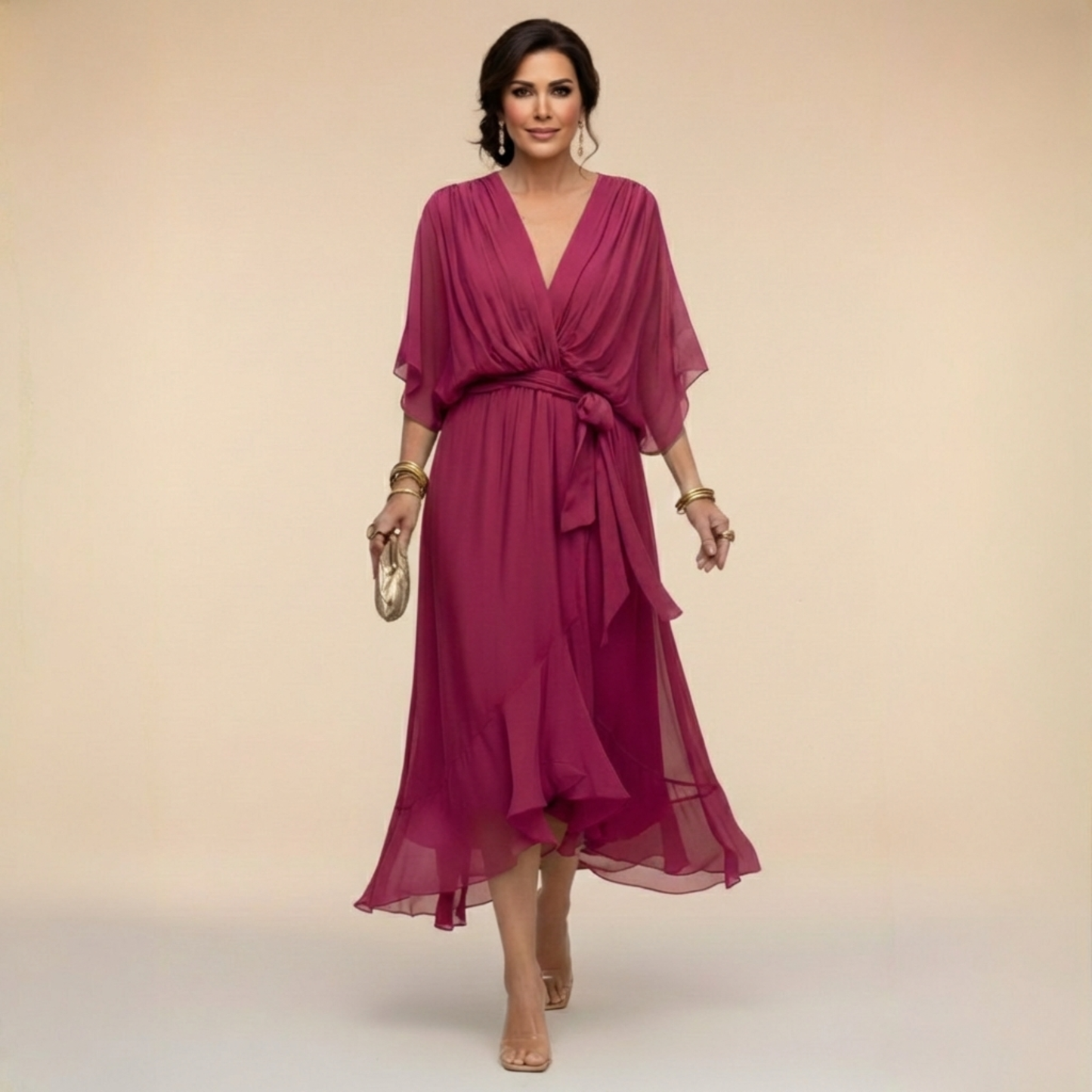 Women's Midi Dress | Elegant V-Neck Wrap & Flowing Occasion